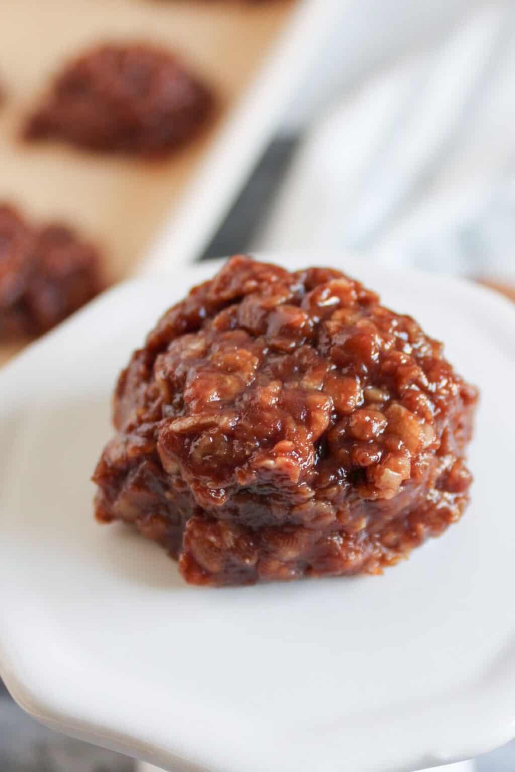 A close up of one of the no bake cookies.