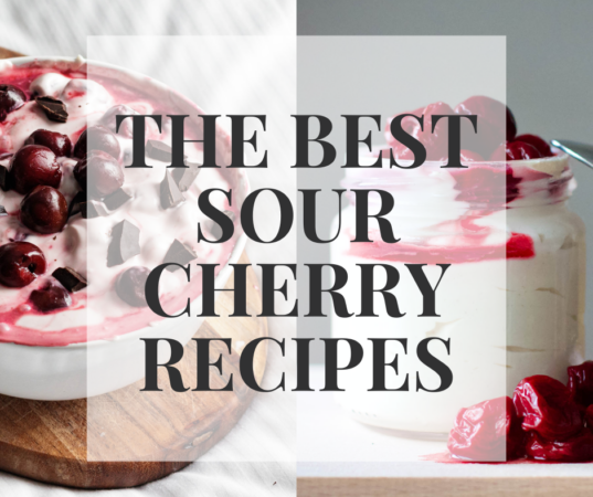 Sour Cherry Recipe side by side with cherries on top and a wooden bowl