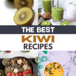 Different kiwi recipes such as smoothie, curd tart, raw kiwi and smoothie bowl