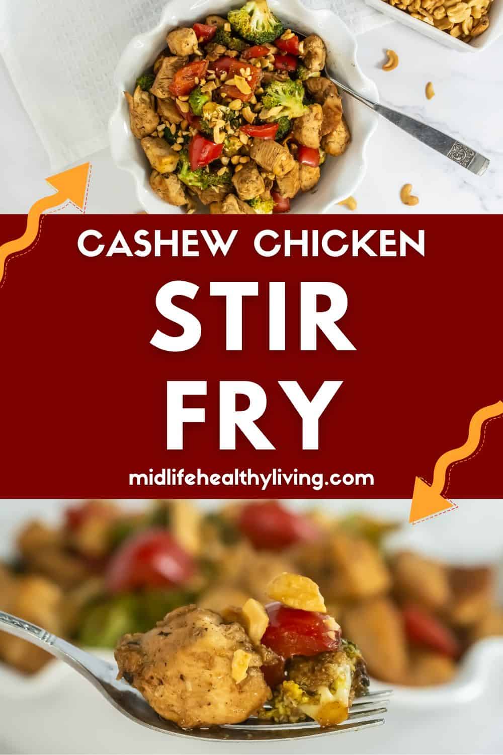 Pinterest image for cashew chicken stir fry recipe.