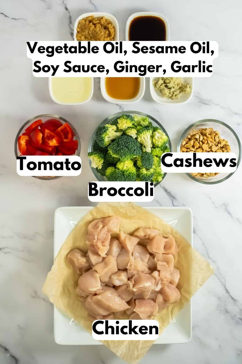 Ingredients needed for a chicken stir fry.