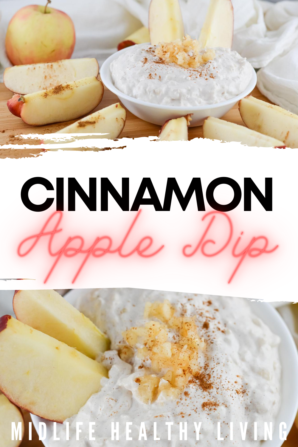 A pin showing the finished cinnamon apple dip ready to eat! 