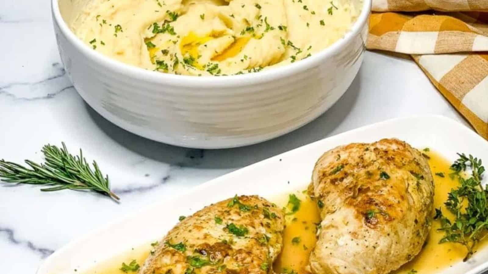 A plate with two turkey tenderloin.