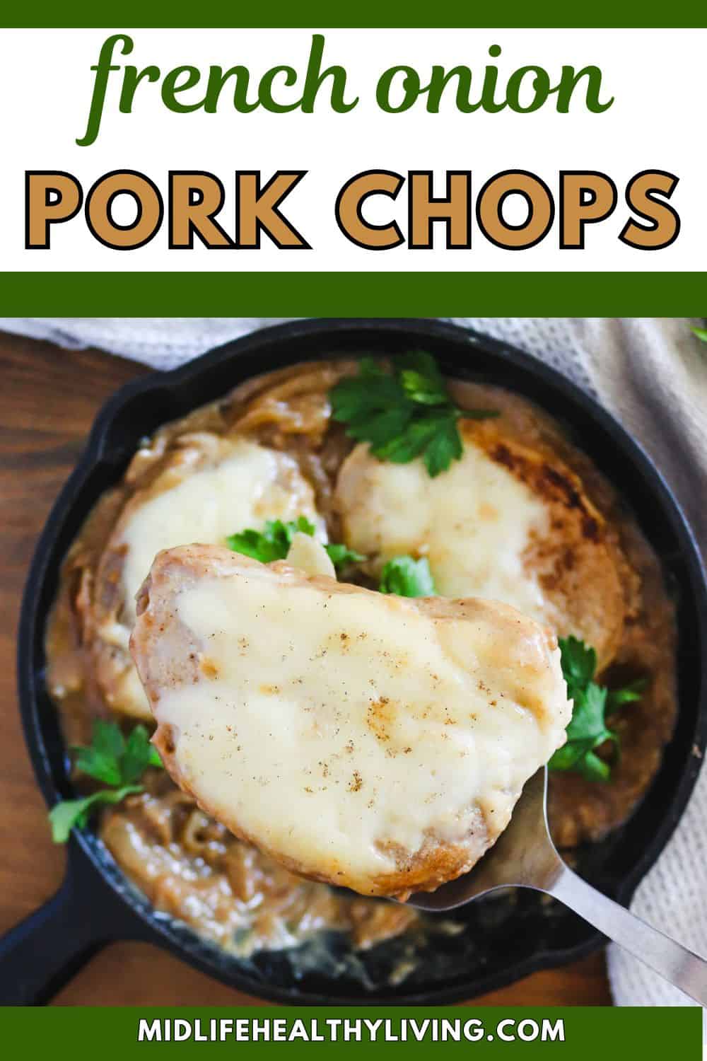 Pinterest image that says French onion pork chops.