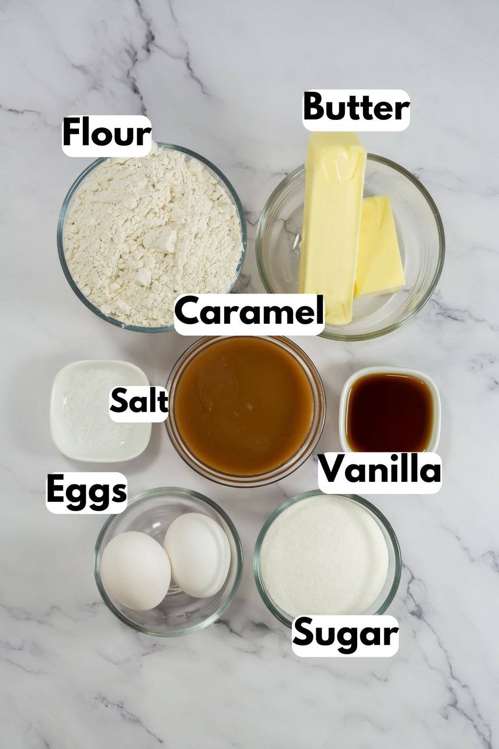 Ingredients needed for salted caramel thumbprint cookies