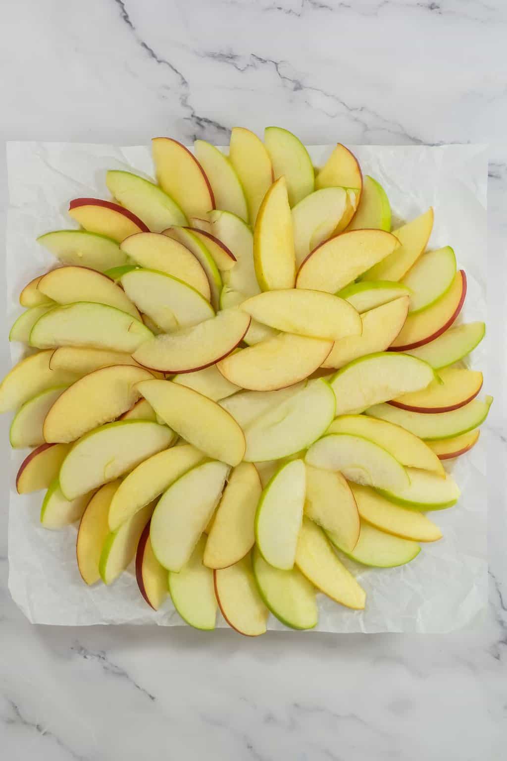 Apple slices laid out to look like nachos.