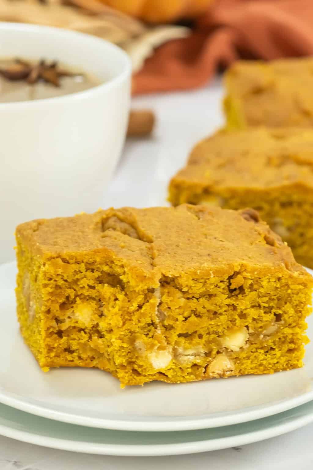 A square of a blondie made with pumpkin.