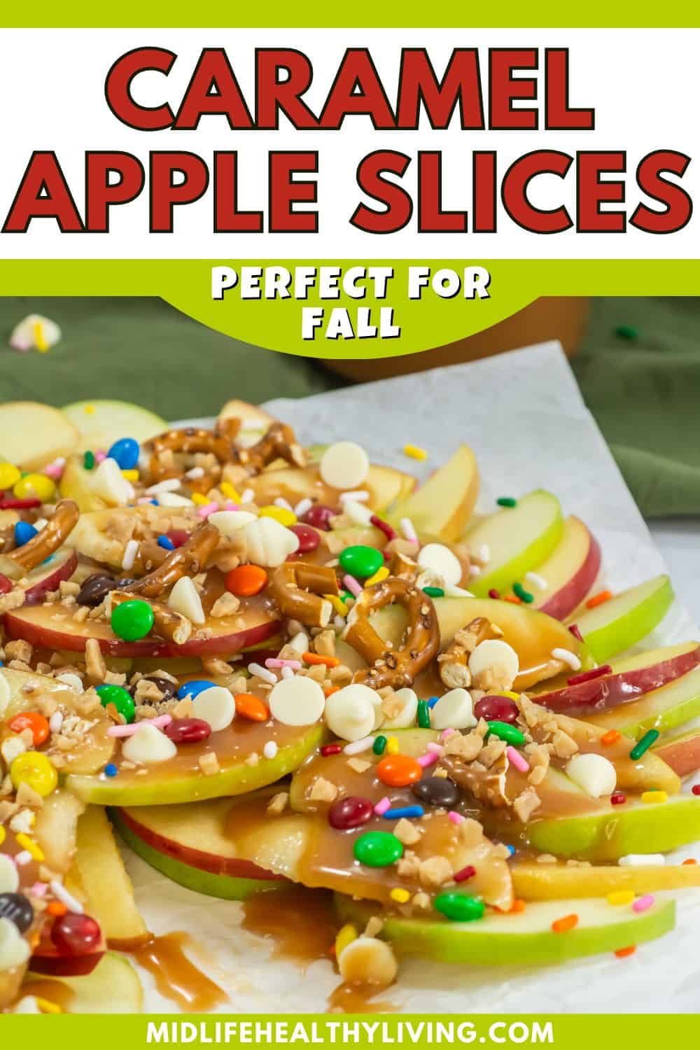 Pinterest image for this caramel apple slices recipe.