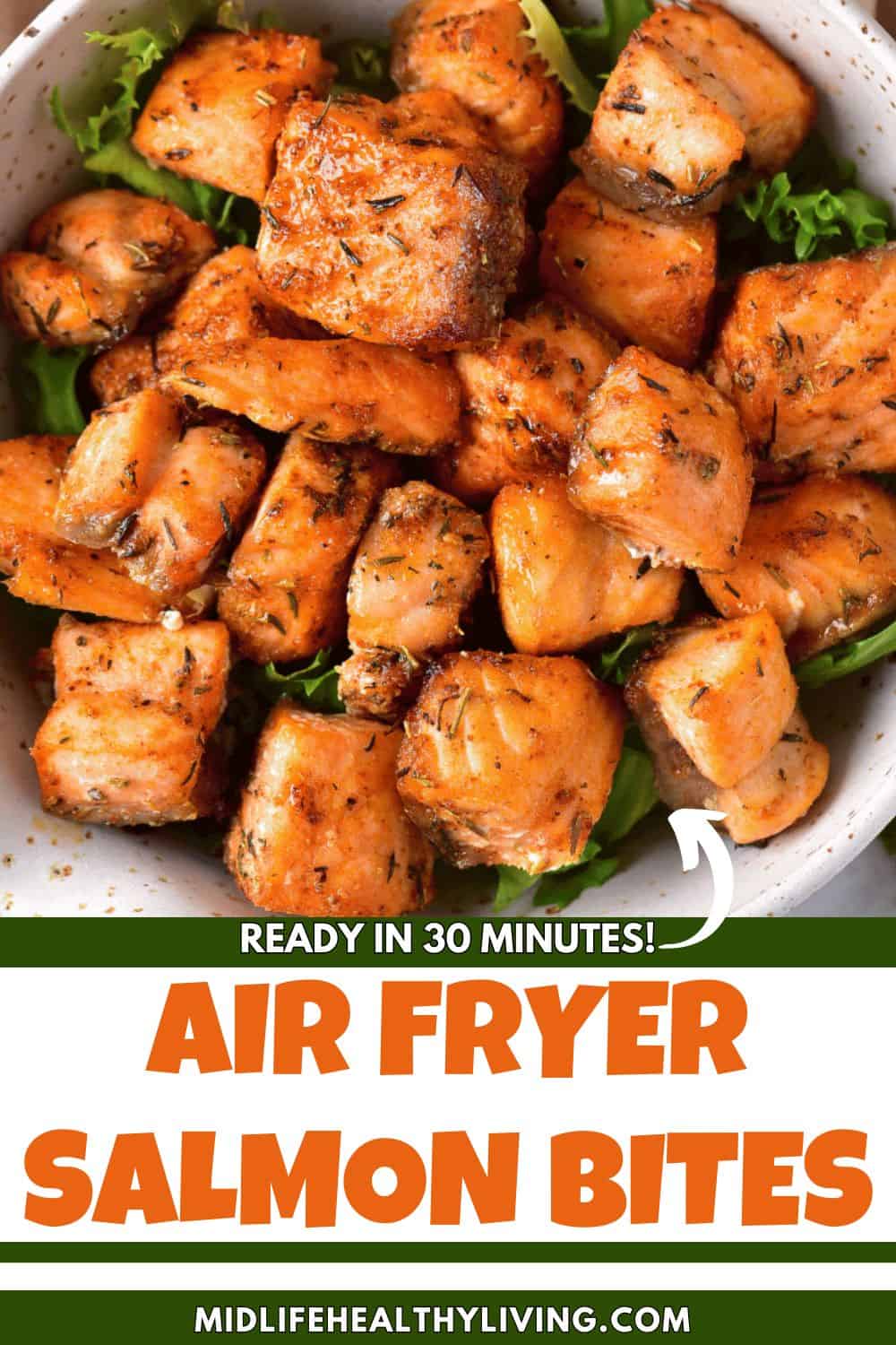 Pin image for air fryer salmon bites. 