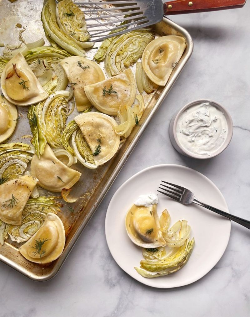 Pierogi Sheet-Pan Bake with Onions and Cabbage