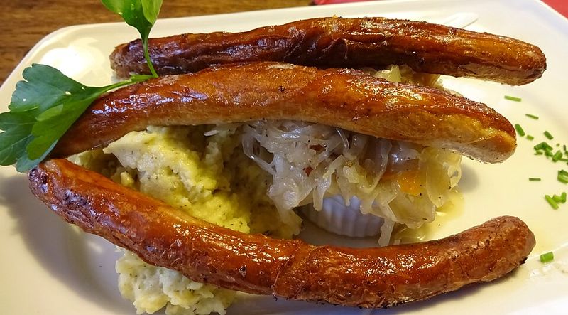 Hofer Sausages With Mashed Potatoes And Sauerkraut