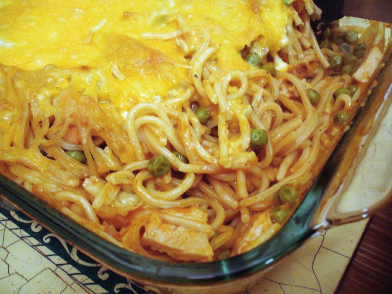 Turkey Tetrazzini Baked In A Casserole Dish