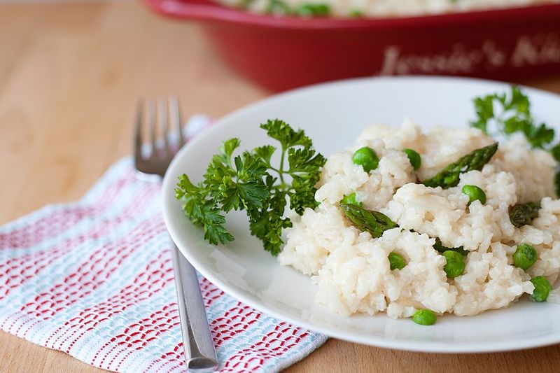 Asparagus And Pea Baked Risotto Casserole